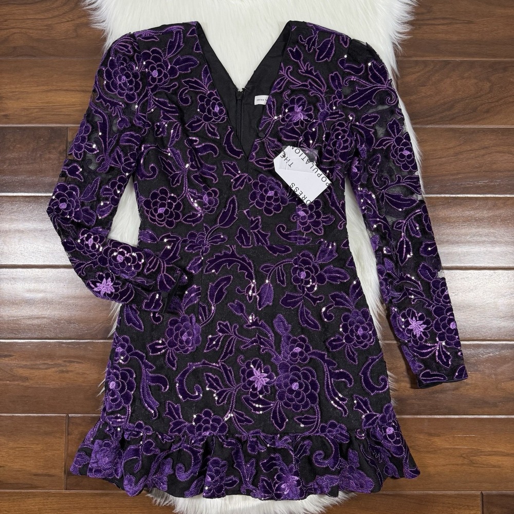 Dress the Population Size Medium Purple Black Floral Sequin Kelsey Mini‎ Dress